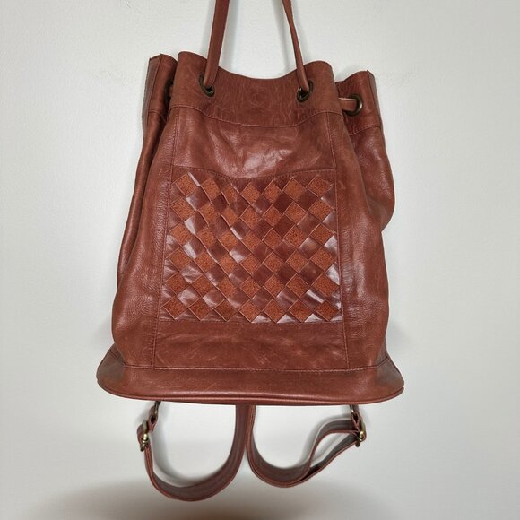 Bali Elf Women's Convertible Leather Backpack Bucket Bag Brown Checkerboard - Picture 2 of 7